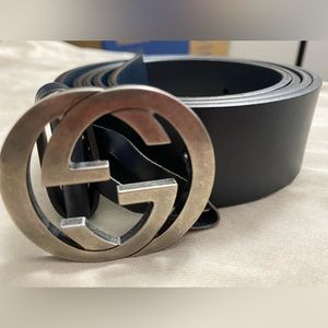 Gucci Belt blue leather chrome gucci symbol.